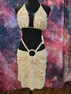 Mermaid Boho Fairy Festival Bikini Top Skirt Set Crochet Sequins Iridescent